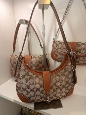 Coach Crystal Brown Signature Monogram Shoulder Bag with Tan Leather Trim